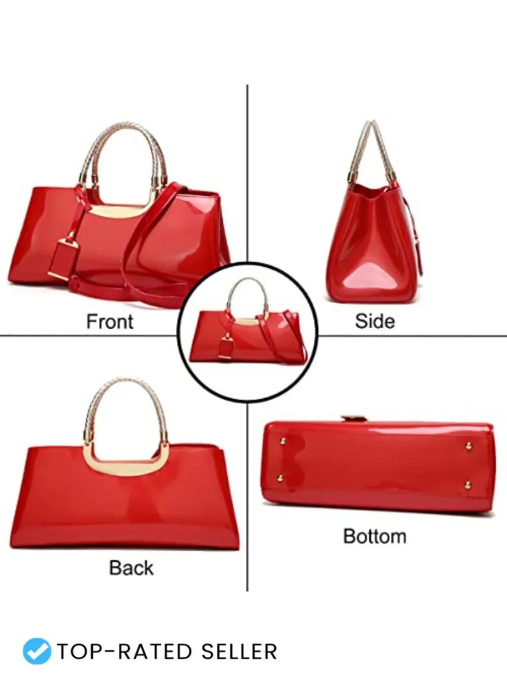 Faux Patent Leather Top-Handle Satchel Tote Structured Shoulder Bag Evening